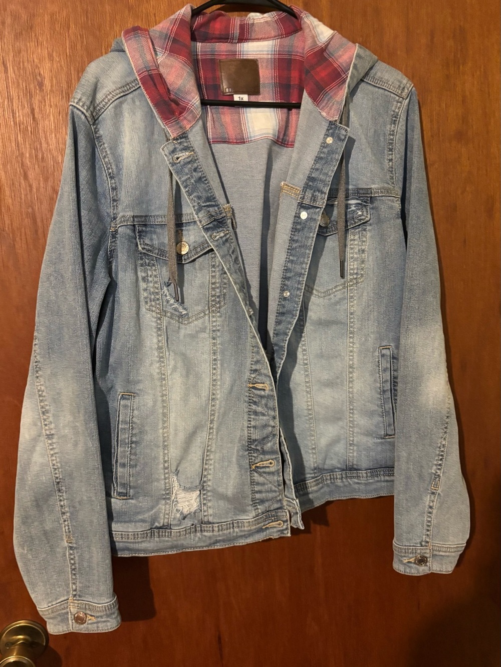 Maurices Light Blue Denim Jacket with Red Plaid Hood